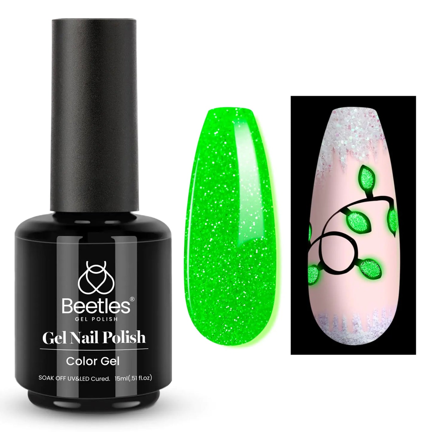 beetles Gel Polish 15Ml Glitter Green Glow in the Dark Nail Polish - - gel polish
