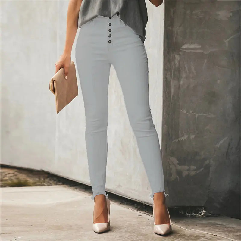 Casual Women's Solid Color Button Trousers - Kia Day Design