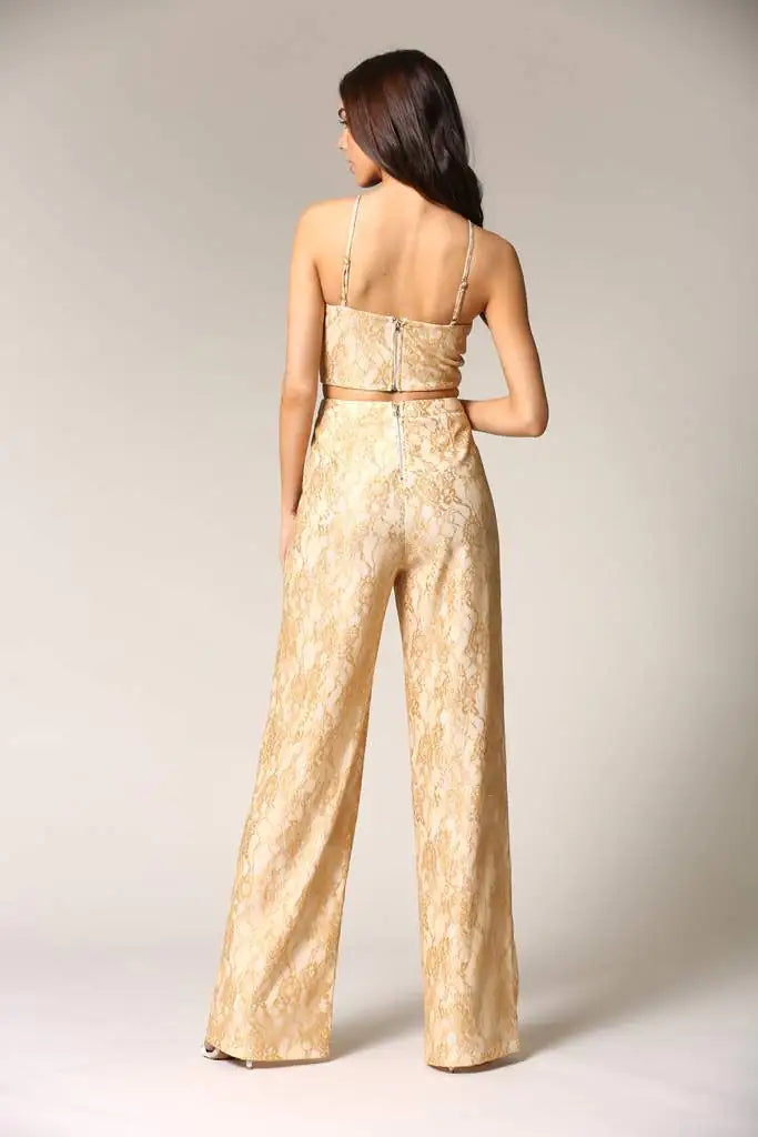 Caeli Two-Piece Gold Lace Pants Set - - clothing set