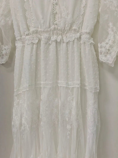 Hollow Out White Lace Long Dress - Kia Day Design