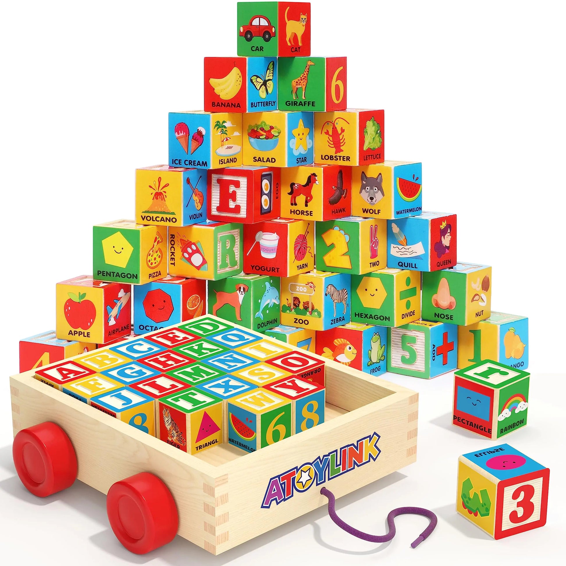 Atoylink ABC Wooden Building Blocks for Toddlers 1-3 30 Pcs Alphabet & Number Stacking Toys with Storage Pull Toy Car Learning & Education Montessori Toys for 1 2 3 Year Old Baby Boy Girl Gifts Kia Day Design