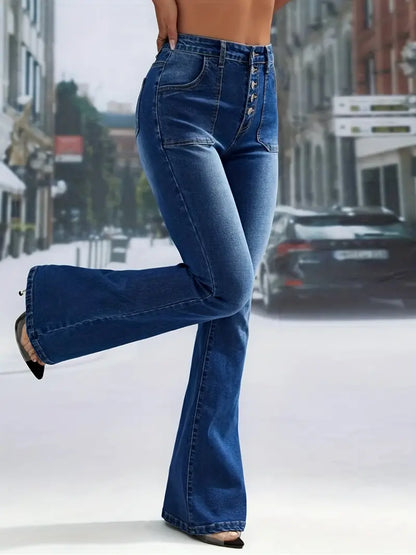 High Waisted Flared Denim Jeans with Button Pockets - Kia Day Design