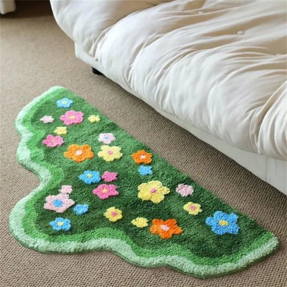 Shaggy Green Moss Flower Non Slip Rug - Moss & Flowers 47" x 24" (Oval) - rug