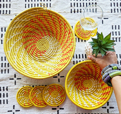 Large Yellow Woven African Basket - -