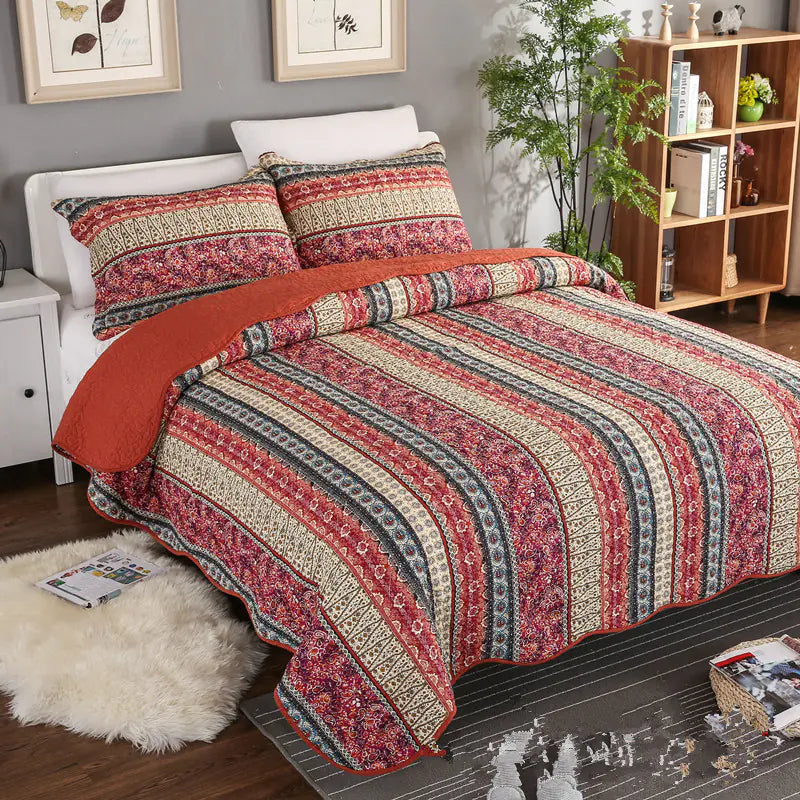 Red Cotton Linen Quilt Set with Bed Cover 3 Pc - Kia Day Design