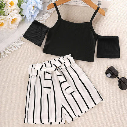 Girls Summer Casual Off-Shoulder Set with Striped Shorts - - toddler outfit