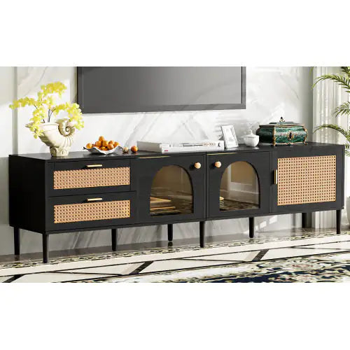 Rattan TV Stand With 3 Cabinets & 2 Drawers, Rattan-inspired Media Console Table For TVs Up To 80'', LED Light Entertainment Center, TV Cabinet For Living Room, Bedroom, Home Theatre Kia Day Design