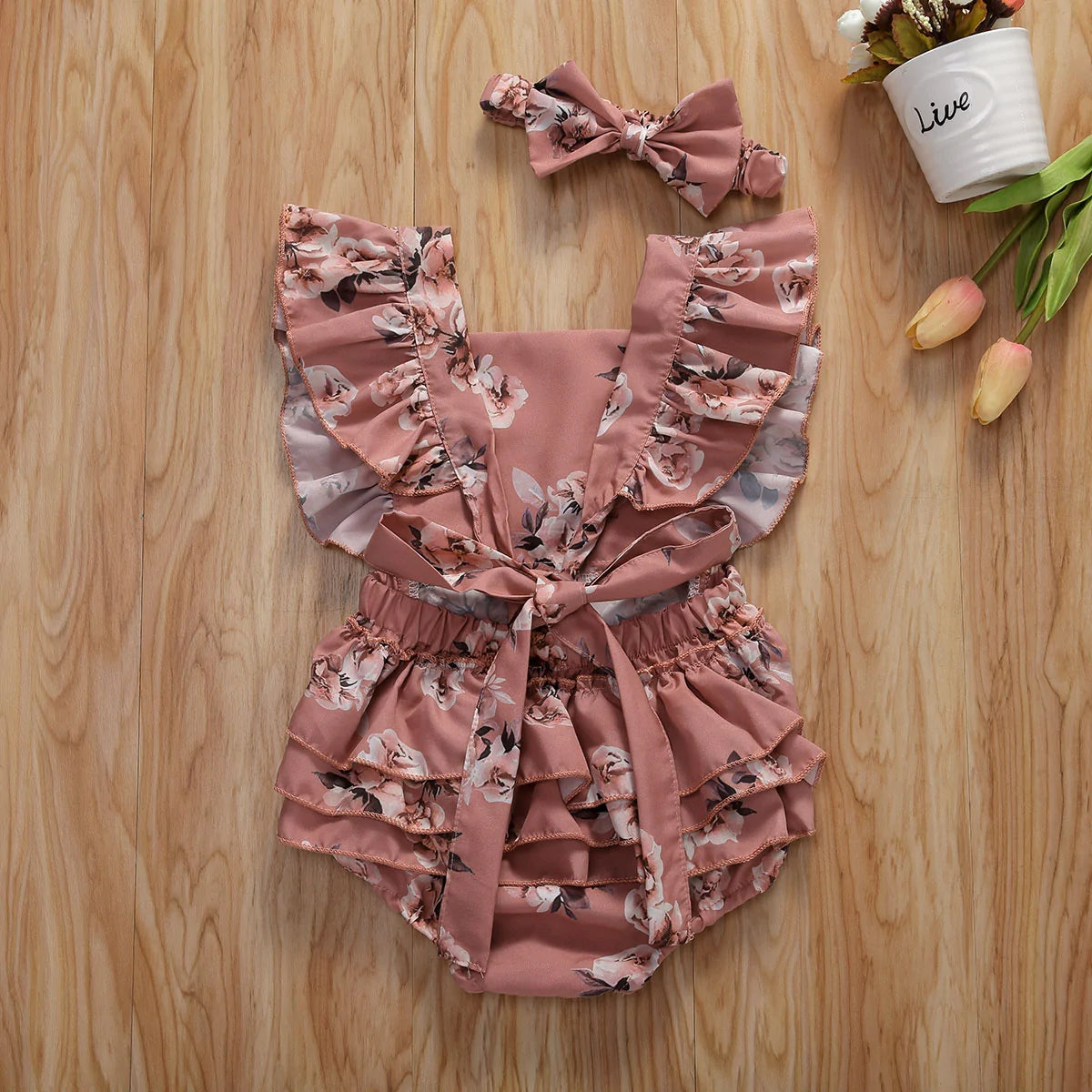 Baby Floral Romper Sleeveless Ruffled Jumpsuits With Headband