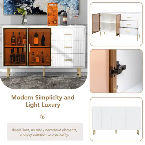 Modern Sideboard, Buffet Cabinet With Marble Sticker Top And Amber Tempered Glass Door With Gold Metal Legs And Handles Kia Day Design