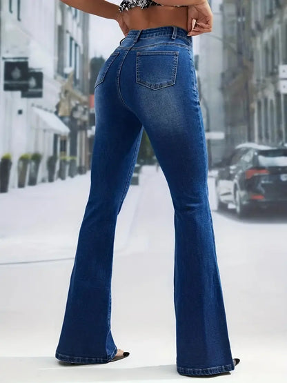 High Waisted Flared Denim Jeans with Button Pockets - Kia Day Design