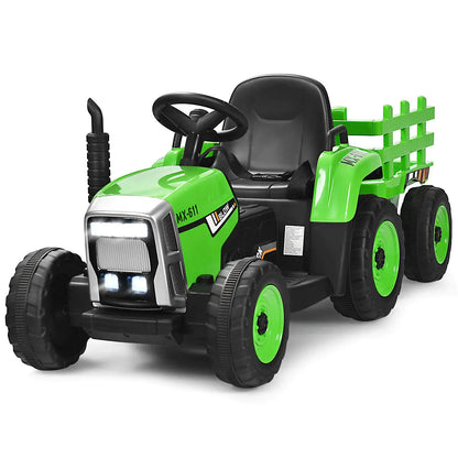 Costzon Ride on Tractor with Detachable Trailer 12V Kids Electric Vehicles w/3-Gear-Shift Ground Loader Wireless Design & USB 7 LED Headlights Remote Control Tractor Toys for Kids 3+ (Green) Kia Day Design