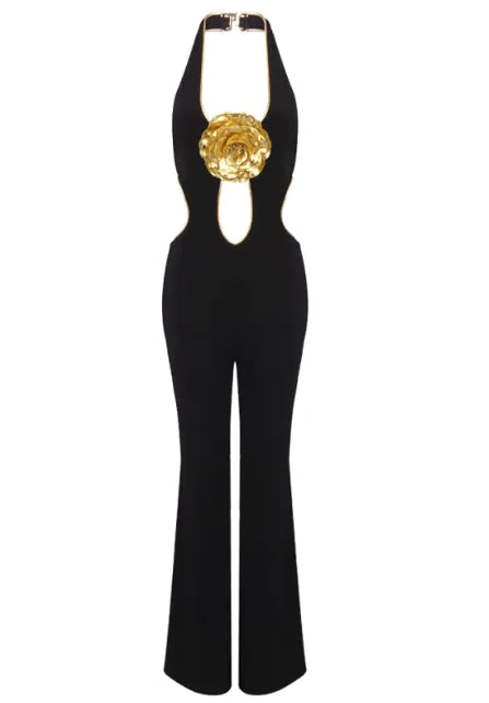 Golden Bloom Halter Backless Jumpsuit - - one piece