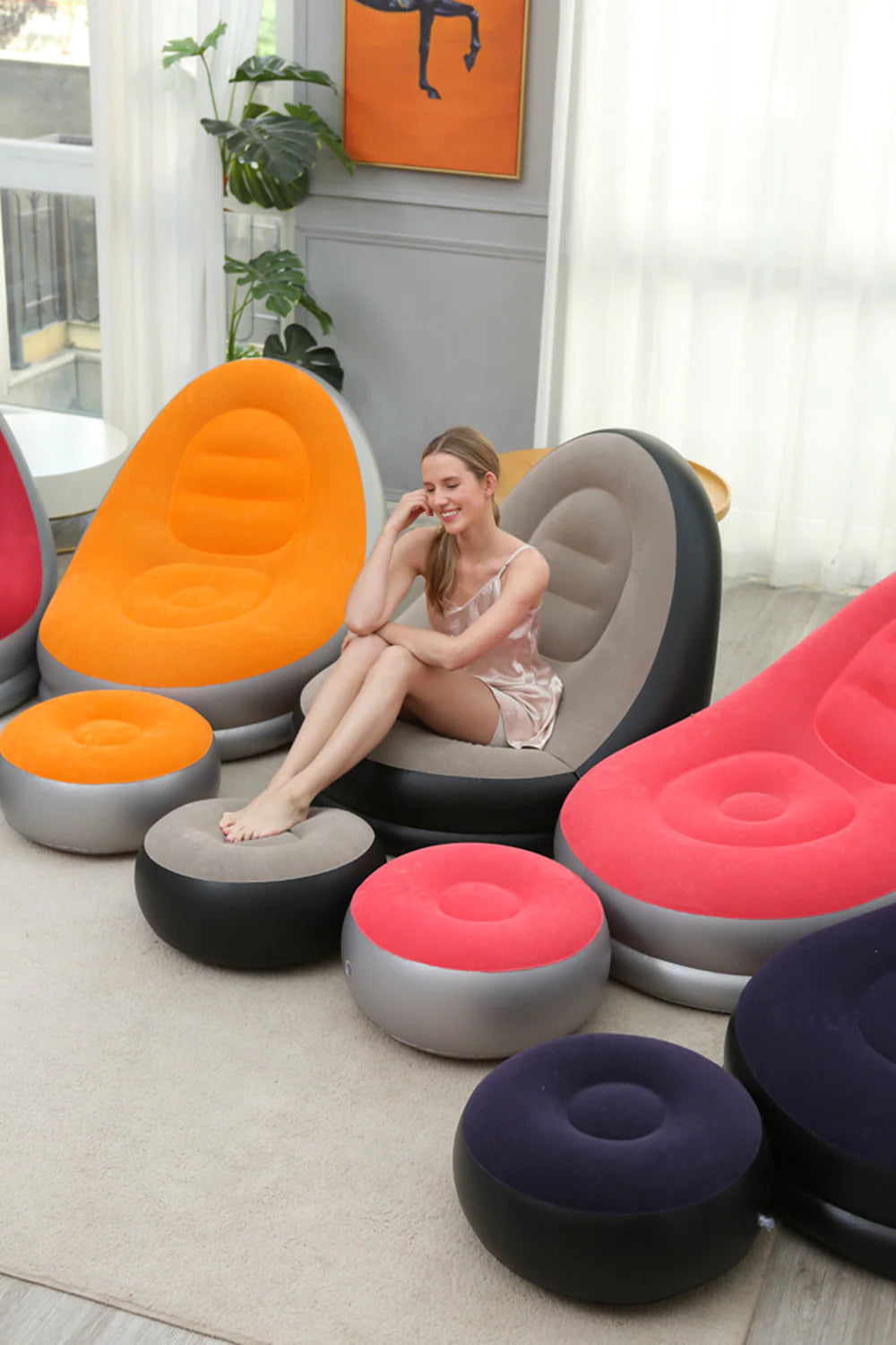 Thick Inflatable Lazy Chair with Footstool - - chair