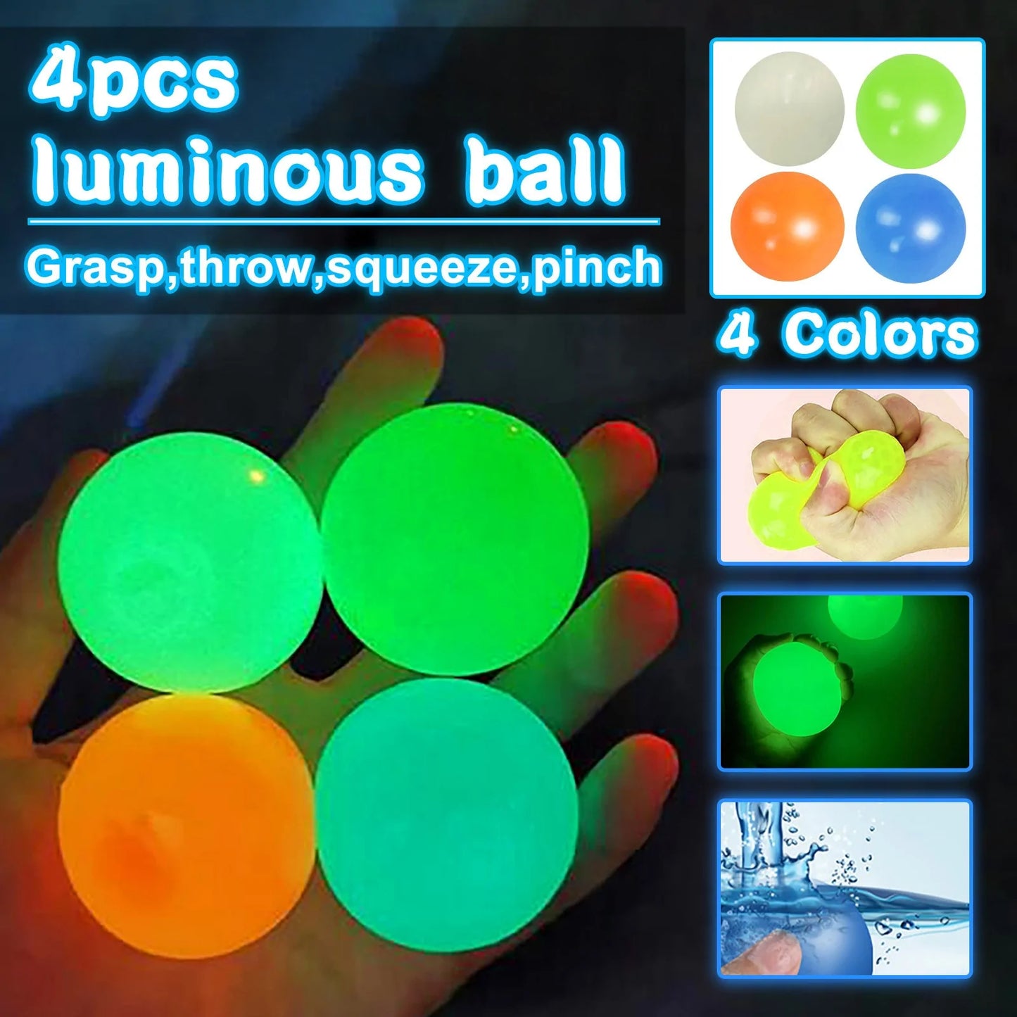 4PCs Luminous Sticky Wall Balls Stress Reliever Squishy Toys