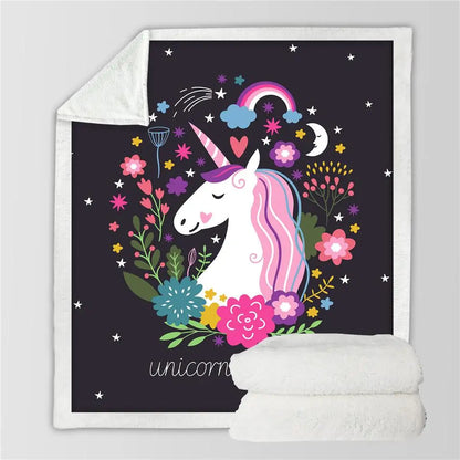 Cute Unicorn Floral Sherpa Fleece Throw Blanket Kia Day Design