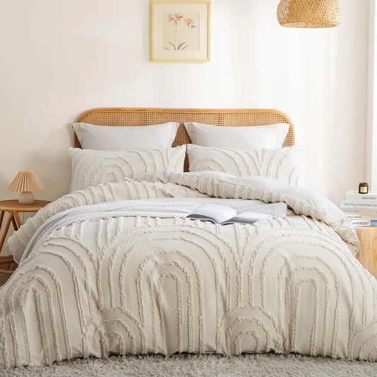 Nayoroom Full Size Beige Tufted Chenille Rainbow Textured Comforter Cover 3 Pc Set with Zipper Closure - Beige Full - duvet set