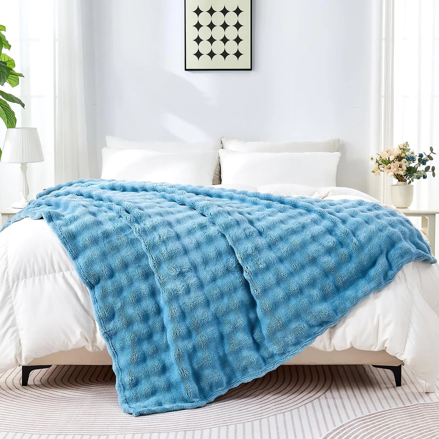 Blue 3D Bubble Decorative Soft Fleece Throw Blanket   