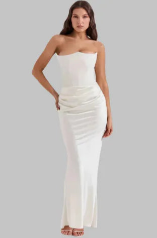 Off-Shoulder Silk Skinny Dress - White M - dress
