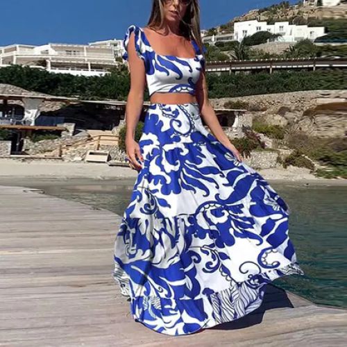 Floral Sleeveless Dress Two-Piece Set - Blue - dress