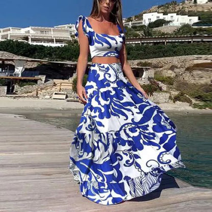 Floral Sleeveless Dress Two-Piece Set - Blue - dress