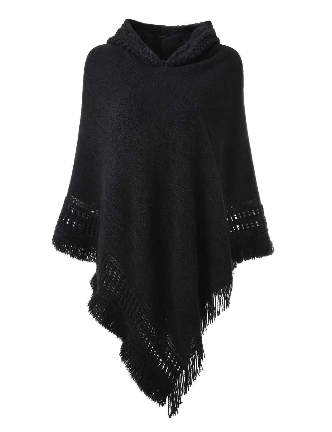 Black Hooded Fringed Hem Crochet Cape - - shaw