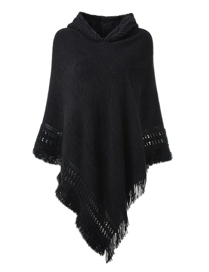 Black Hooded Fringed Hem Crochet Cape - - shaw