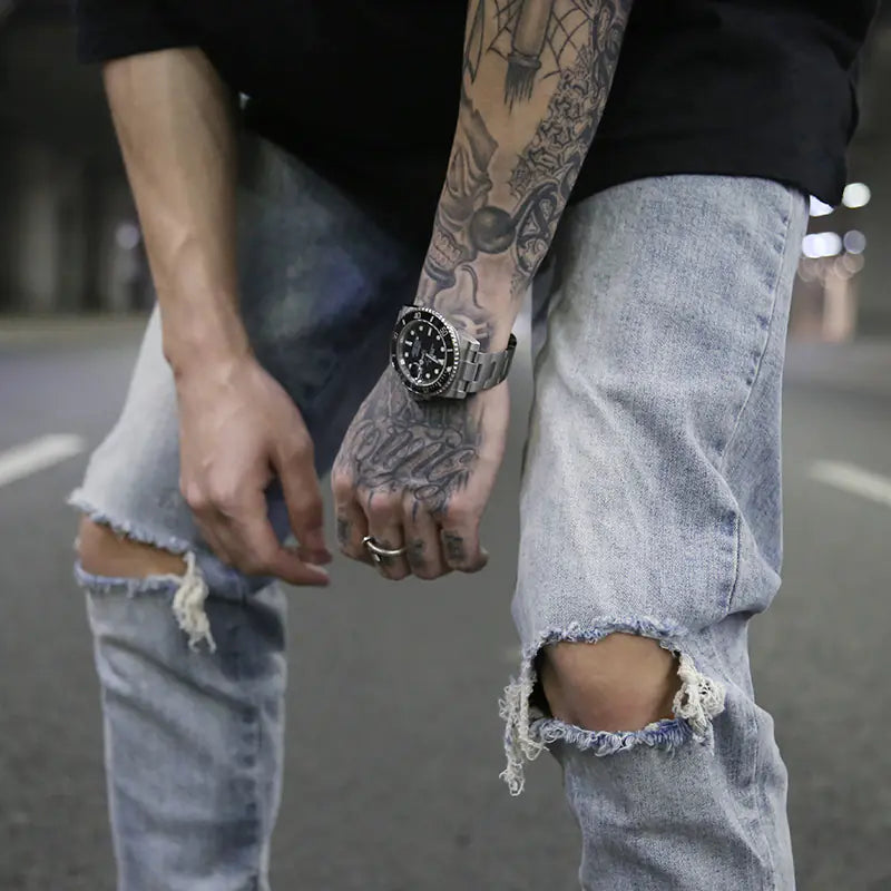 High Street Style Slim Fit Button Design Ripped Jeans - Kia Day Design