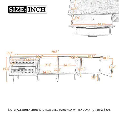 Rattan TV Stand With 3 Cabinets & 2 Drawers, Rattan-inspired Media Console Table For TVs Up To 80'', LED Light Entertainment Center, TV Cabinet For Living Room, Bedroom, Home Theatre Kia Day Design